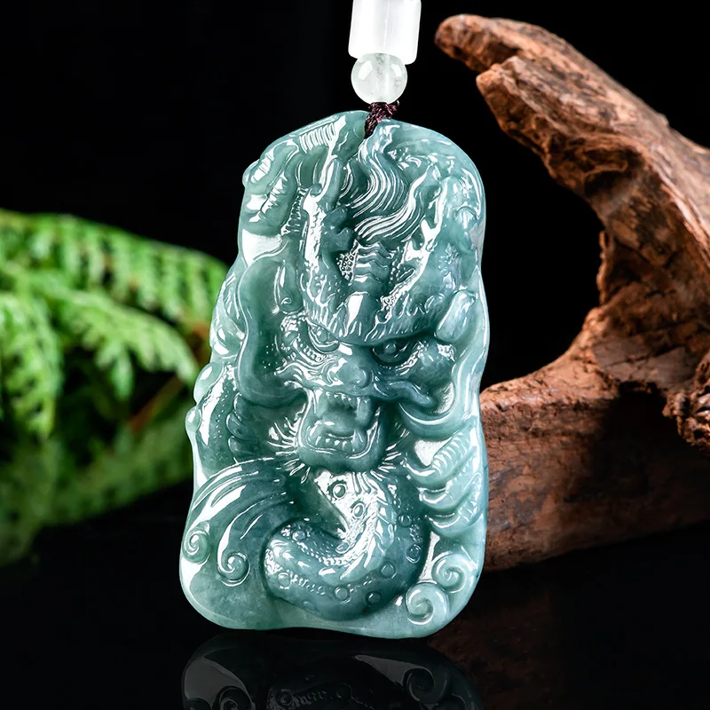 Natural A-grade Jade Blue Water Tyrant Dragon Brand Atmospheric Life Xiaolong Pendant Ice Jadeite Men's Charms Women's Jewelry