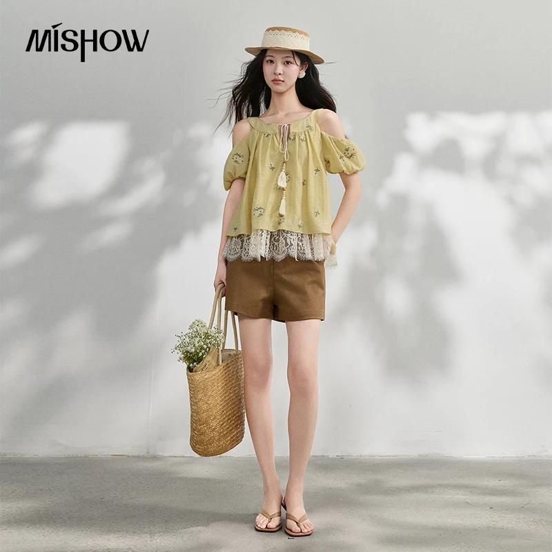 MISHOW Design Flower Embroidered Top Women's 2026 Summer Off Shoulder Bubble Sleeves Lace Hem Sweet Gentle Blouse MXF22X2589