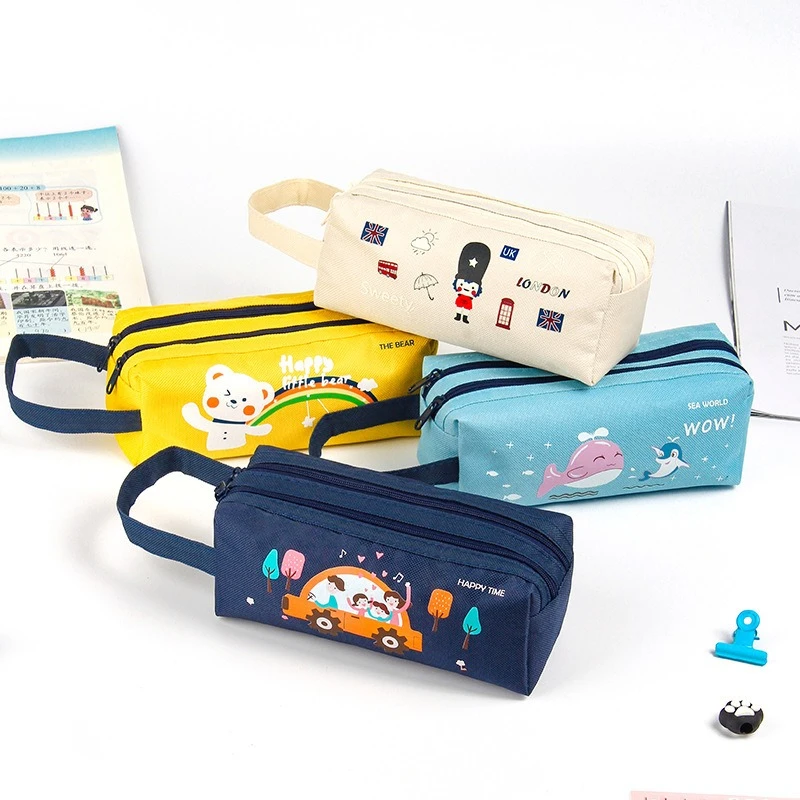 Cartoon Creative Stationery Double-layer Oxford Cloth Pencil Bags Double Zipper Large Capacity Storage Box Handbag Pencil Case