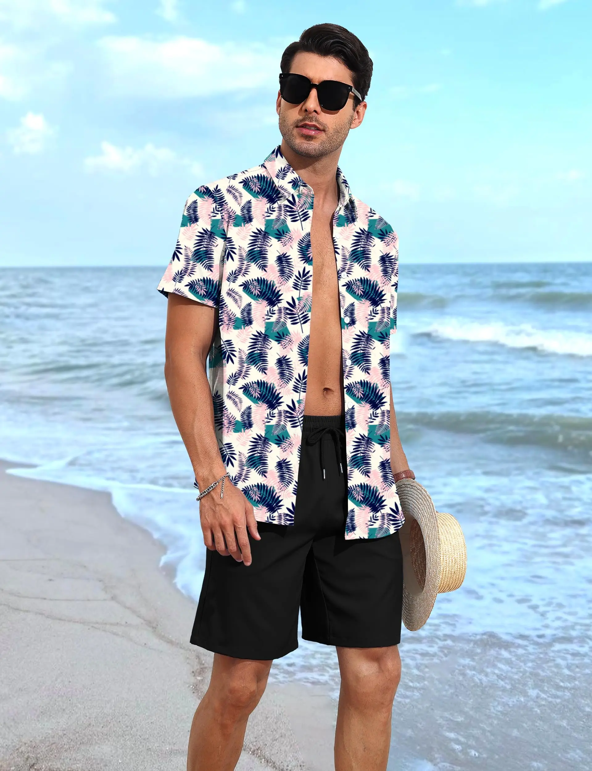 ชุดเสื้อเชิ้ตและกางเกงขาสั้นผู้ชายฮาวาย ปกพิมพ์ 3 มิติ ฤดูร้อน ลายทาง แขนสั้น วันหยุดทุกวัน ระบายอากาศได้ สบาย ๆ และสะดวกสบาย