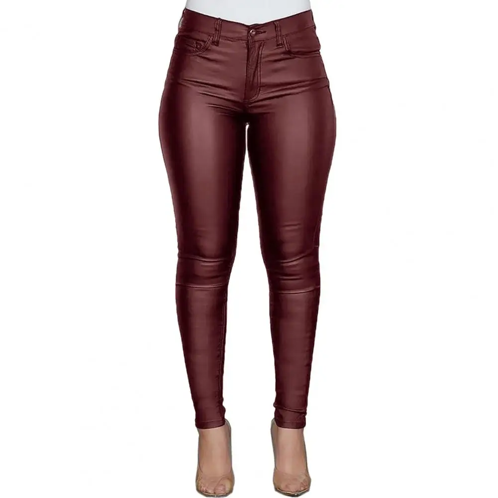 Calça feminina de couro artificial, calça falsa, lápis com comprimento do tornozelo, design slim fit, cintura alta, elevação de bumbum