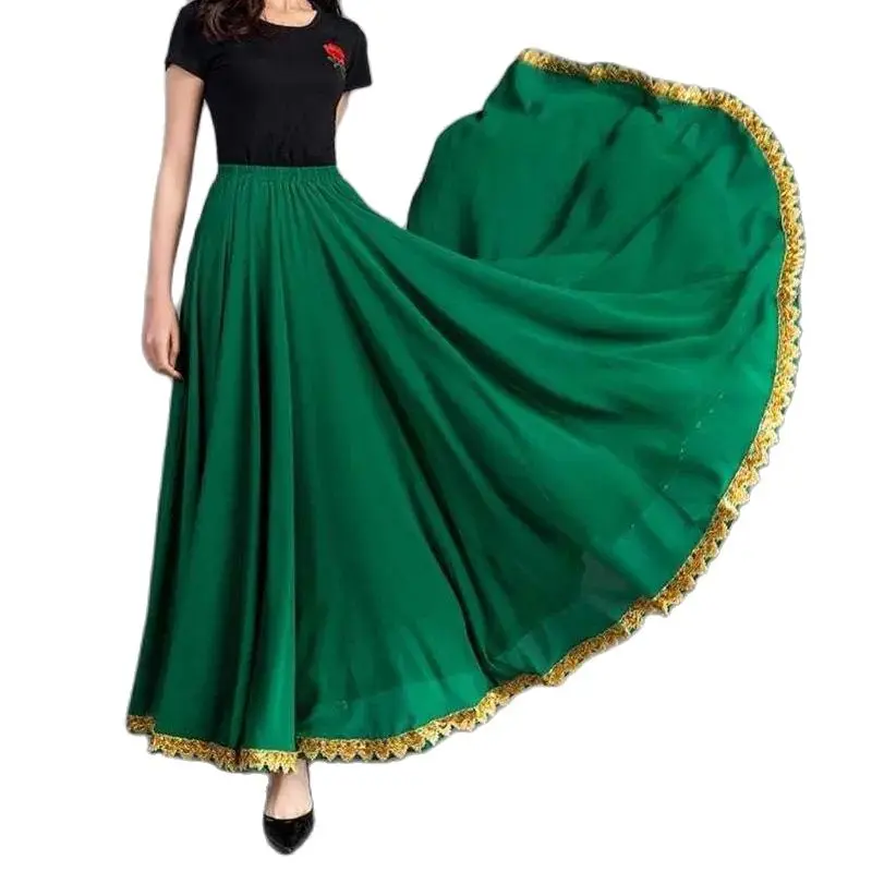 Women Skirt 720 Degree Swing Chiffon Skirt Elastic Waist Phnom Splicing Dance Clothing Red Green Spring Summer Autumn Long Skirt