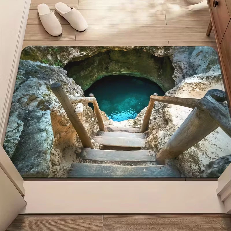 VIKAMA 3D Optical Illusion Doormat Cave Pool Stone Tunnel Visual Effect Home Indoor Entrance Anti‑Slip Decor Floor Mat