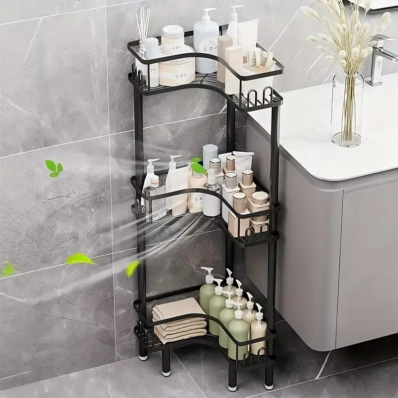 Heavy-Duty No-Assembly Corner Triangular Carbon Steel Storage Rack Bathroom Toiletries Organizer Multi-Tier Floor-Standing
