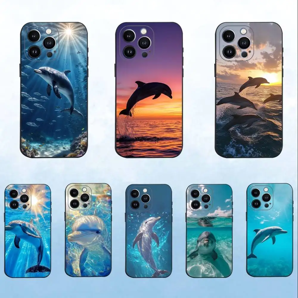 

dolphin Phone Case For iPhone 16,15,14,13,12,11 Plus,Pro Max,XS,X,XR,SE,Mini,8,7,Soft Silicone Black Cover
