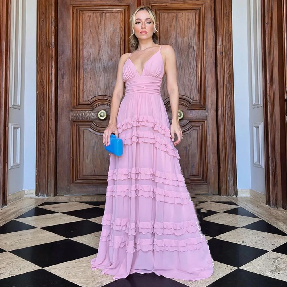 Eeqasn-Vestidos largos de gasa rosa para baile de graduación, falda escalonada, vestidos de noche formales con tirantes finos y cuello en V, vestidos de fiesta de boda línea A, 2022