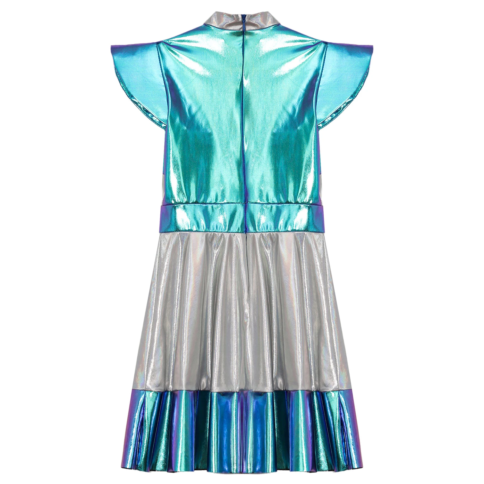 Kids Girls Sliver Shiny Alien Outer Space Dress Halloween Cutie Costume Cap Sleeve Metallic Color Block Dance Tutu Leotard Dress