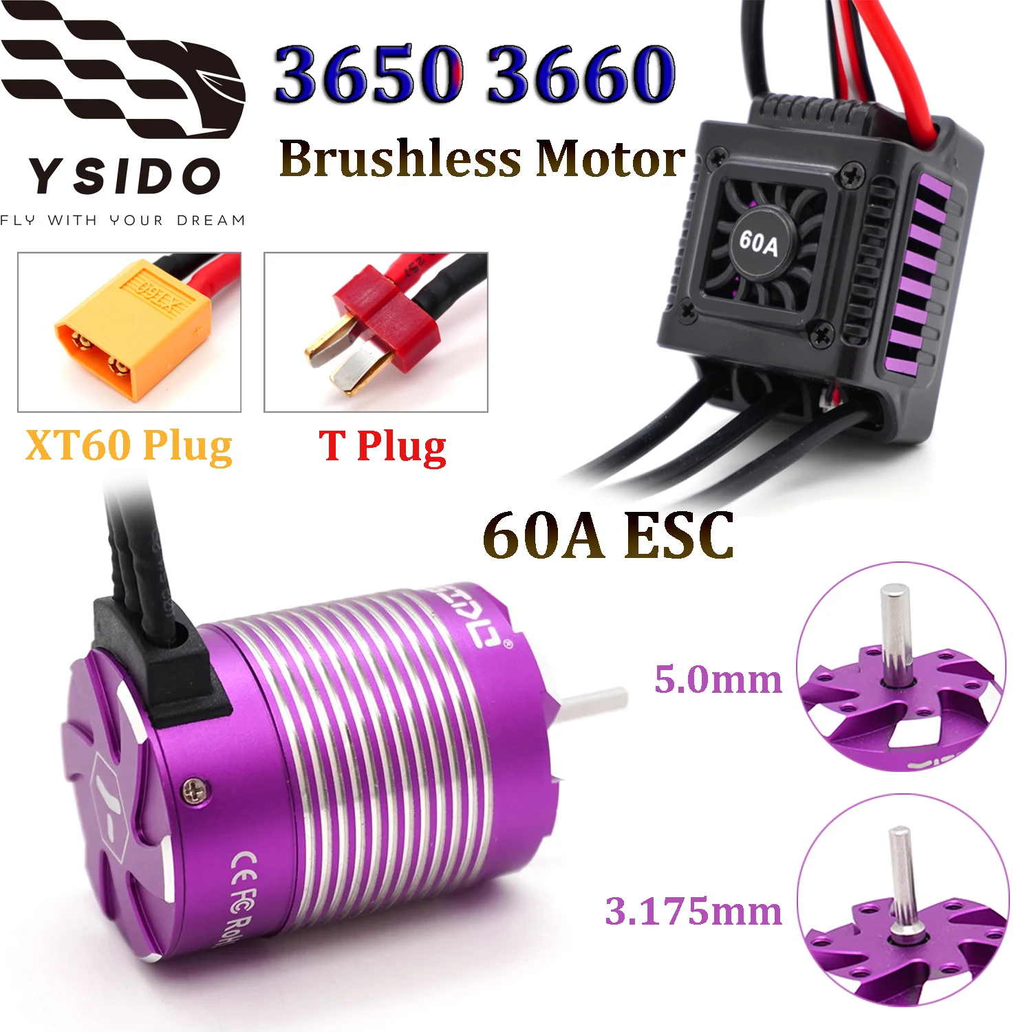 Sensorless Brushless 3650 3660 Motor 3.175/5.0mm with 60A ESC Programming Card for 1/10 Tamiya Traxxas WLtoys RC Off-Road Cars