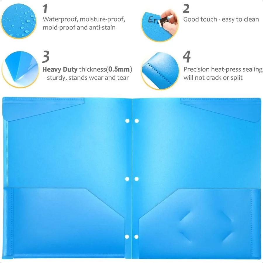 مجلدات بلاستيكية شديدة التحمل مع جيوب أمامية شفافة، 6 عبوات من المجلدات السميكة للغاية مع جيوب وثقوب لمجلدات الجيب