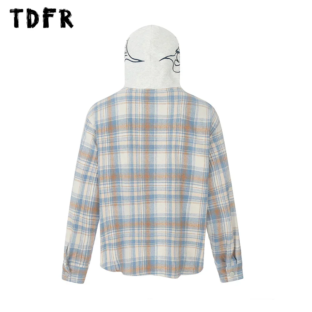 Letter Embroidery Spliced Hooded Plaid Shirts Mens Autumn Streetwear Pocket Single Breasted Lapel Long Sleeve Shirts Men