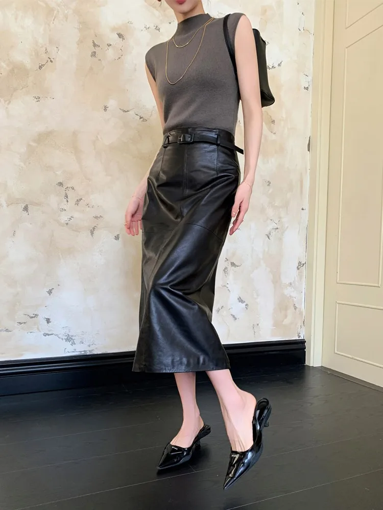 Fashion Office Women Sexy Side High Split Wrap Skirt Oil Wax Sheepskin Genuine Leather Mid Calf Long Skirt Ladies Straight Skirt