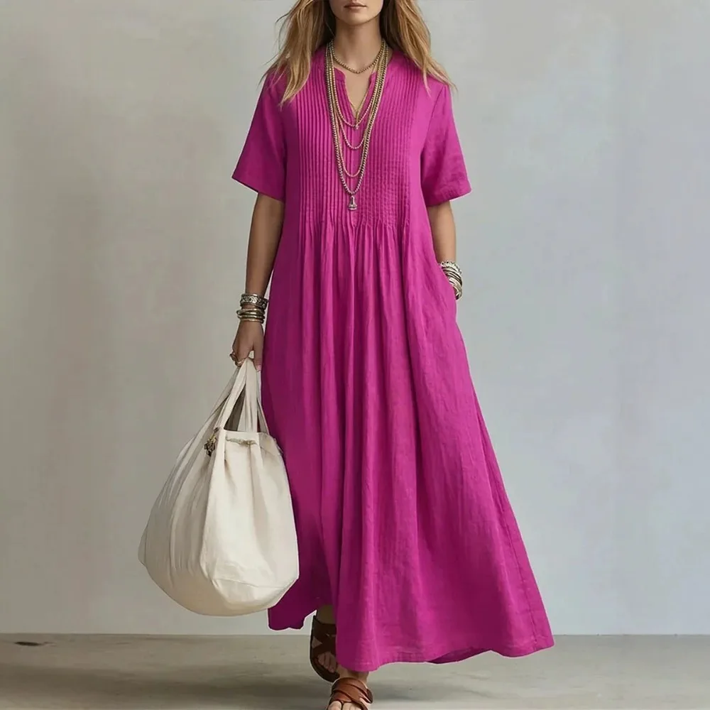 2026 New Plus Size Women's Casual Retro Solid Color Loose V-neck Short Sleeved Pleated Cotton Linen Four Season Pajamas