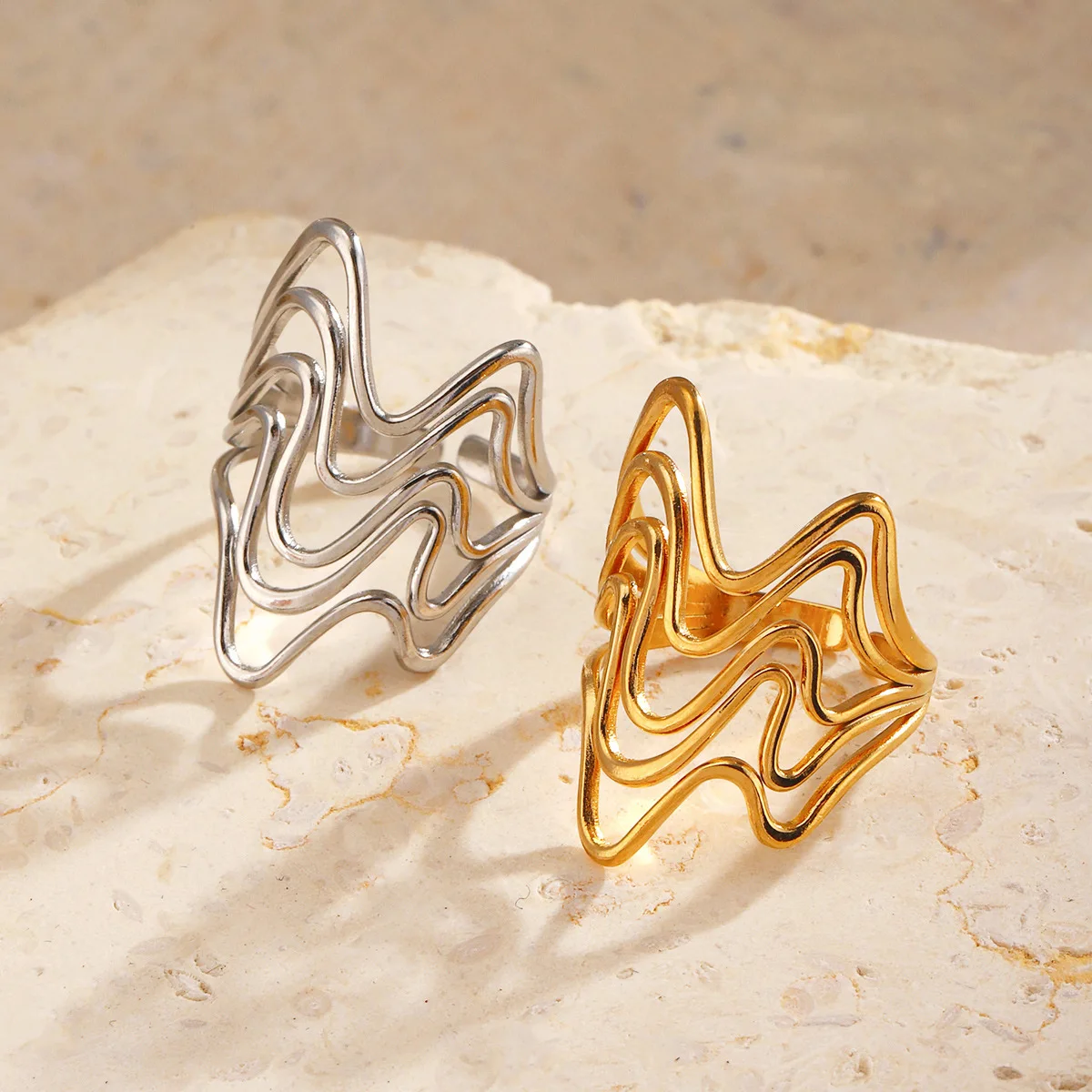 Modern Abstract Wavy Lines Open Ring Gold and Silver Electroplating Multi-layer Hollow Irregular Ring Women's Daily Jewelry Gift