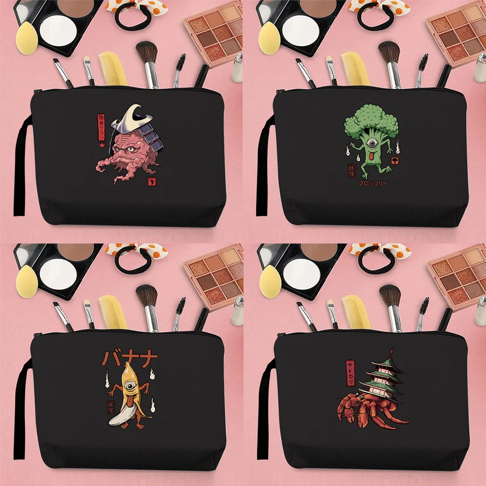 

2025 ese Trend Women Cosmetic Bag Coin Clutch Bag Cute Monster Pattern Printing Portable Storage Travel Canvas Strap Black