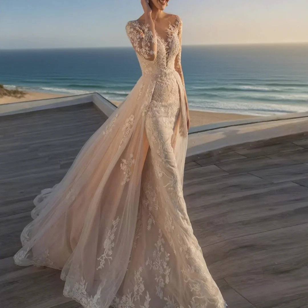 

Customized exquisite detachable double-layer dress-style wedding dress, with lace at the hem, formal bridal gown for the bride