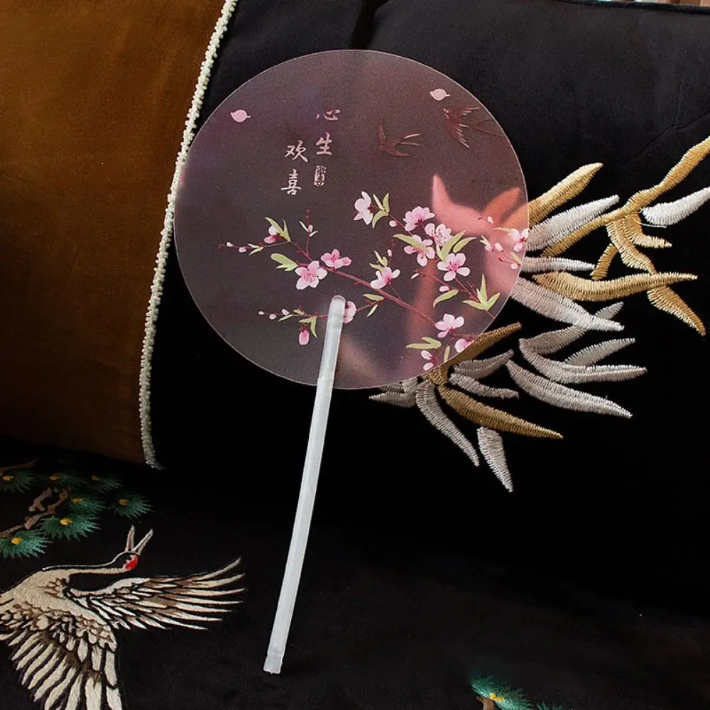 Frosted Fan Handle Ancient Long-handled Fan Color Printing Anti-break Handheld Round Fan Translucent High-looking