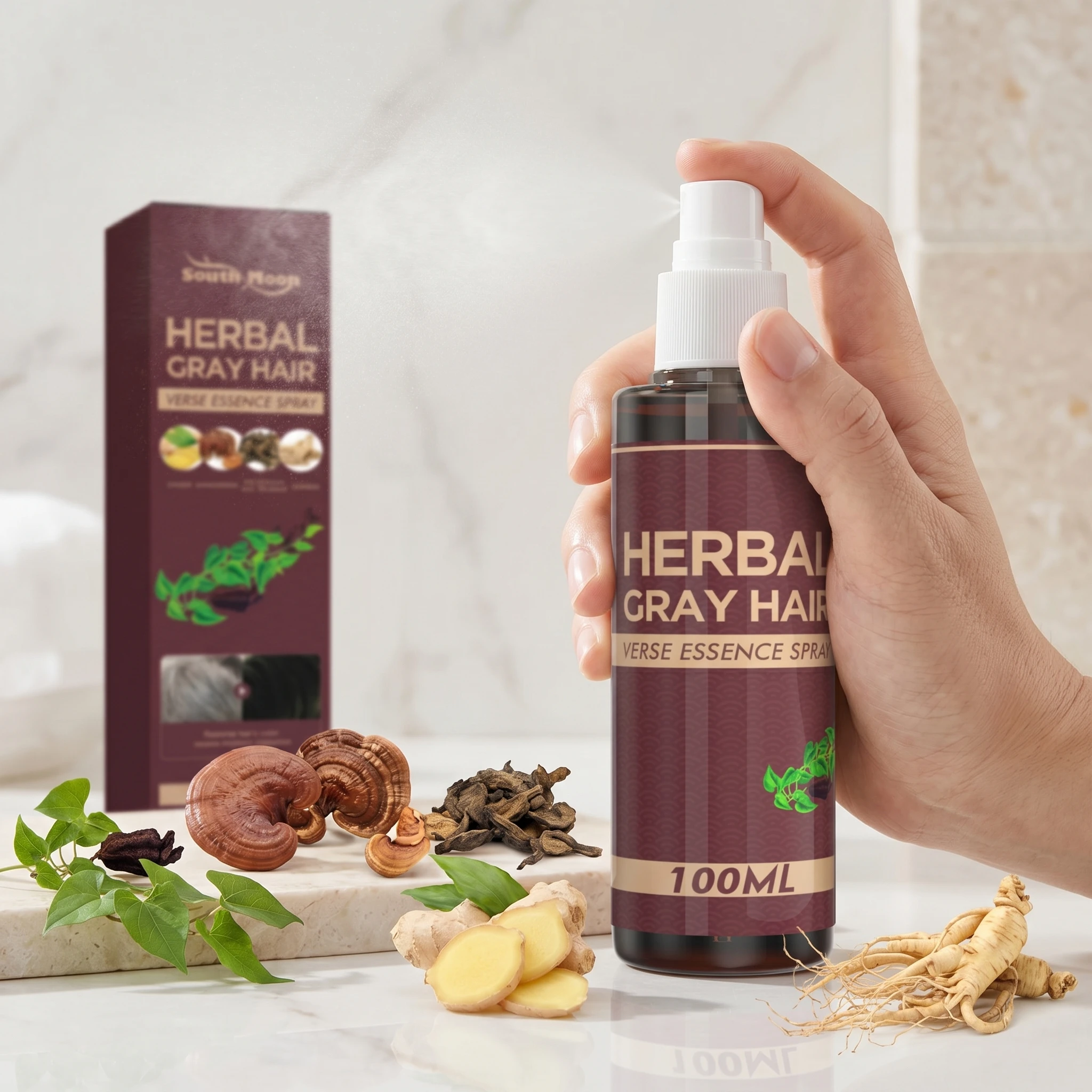 Spray de Tratamiento para Cabello Gris y Blanco, Equilibra el Cuero Cabelludo, Elimina la Caspa Suelta, Aumenta el Grosor y la Oscuridad, Reduce los Cabellos Blancos, Esencia en Spray