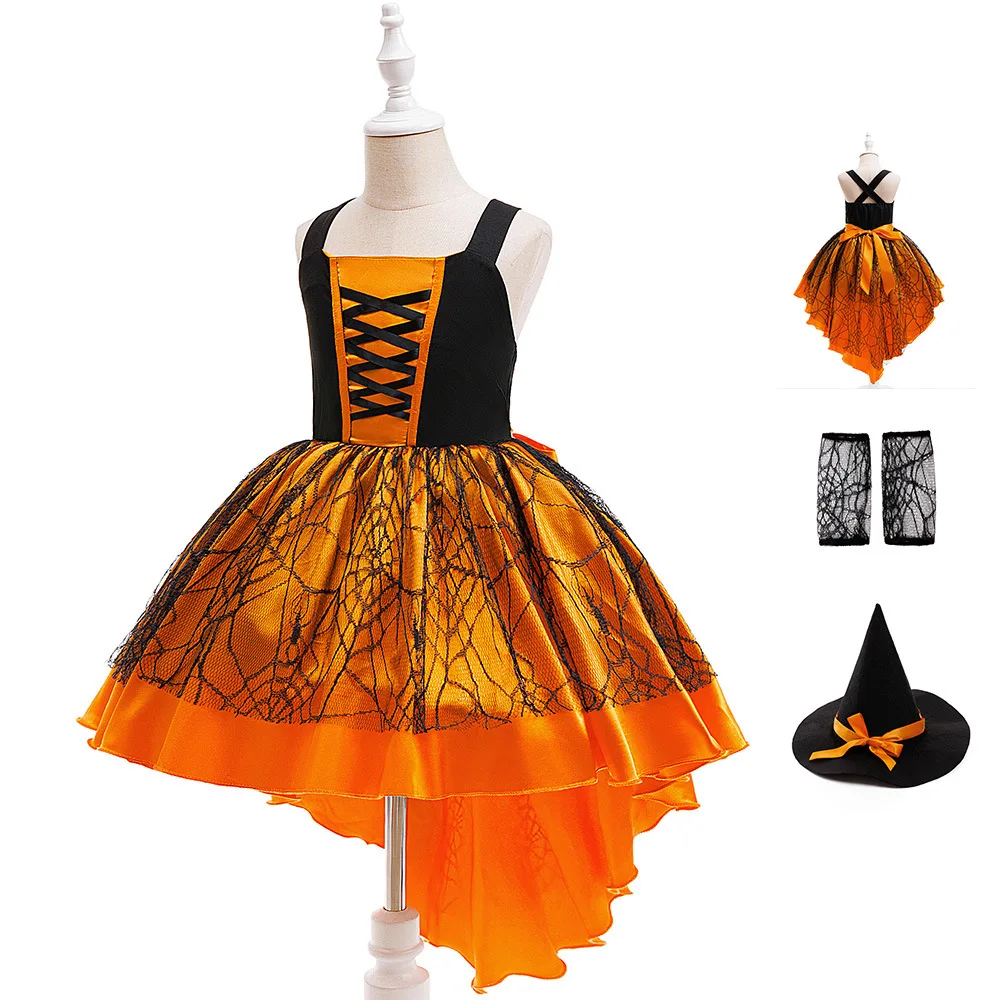 

3PCS Sets Witch Vampire Cosplay Costume Suits Halloween Sleeveless Clothing Christmas Children Evening Dresses For Girls 3-12 Y