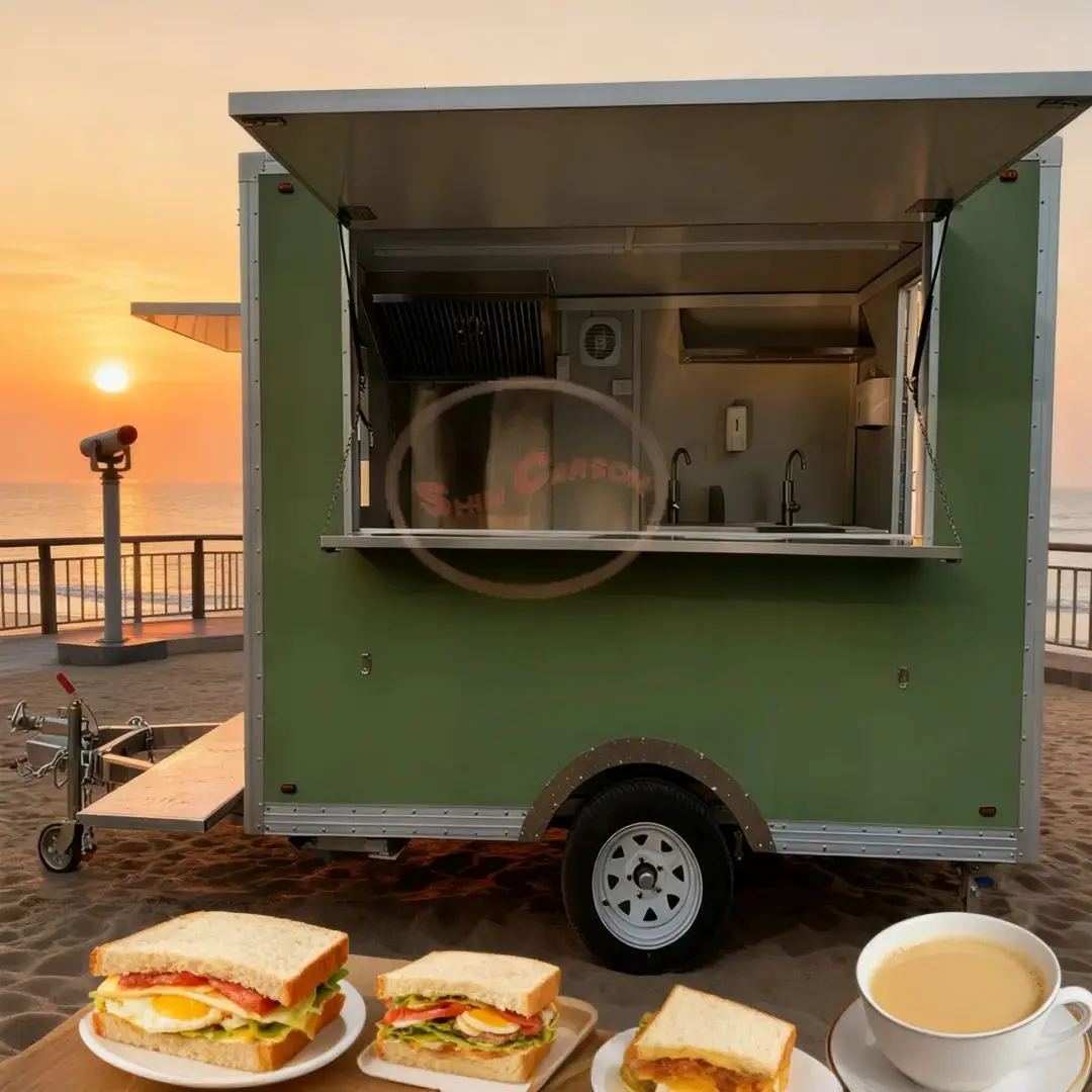 Customizable Green Fiberglass Food Concession Trailer Mobile Kitchen Truck with Sink Ventilation for Catering Business