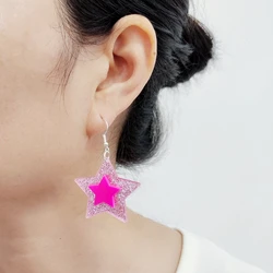 KUGUYS Double Stars Dangle Earring for Women Glitter Pink Acrylic Cute Fashion Jewelry Accessories