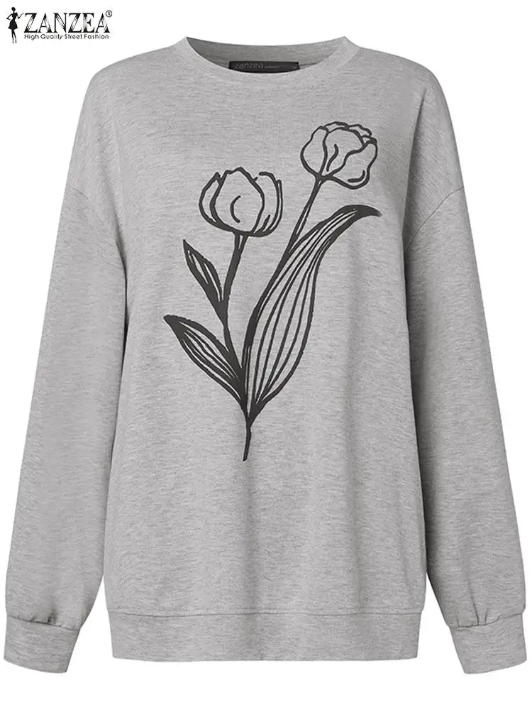 ZANZEA-moletons estampados com flores grandes para mulheres, tops com pescoço redondo, capuz com ombro, streetwear casual, pulôveres de férias