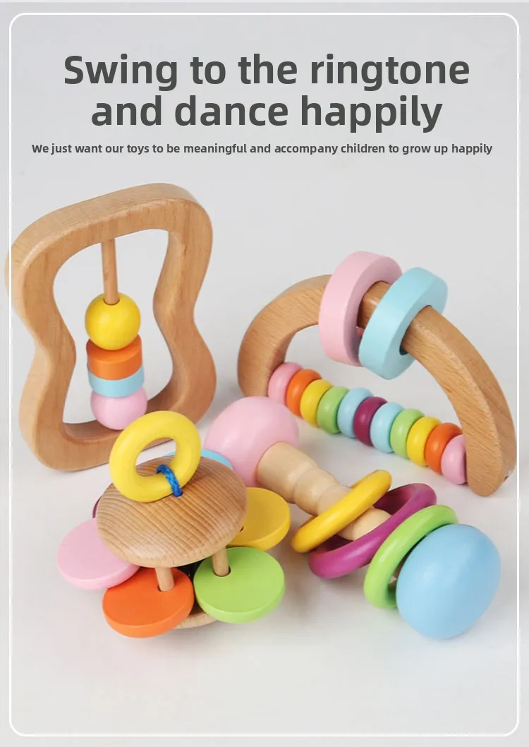 Hot Selling 4 Piece Wooden Music Rattle Set Orff Instrument Hand Held Soothing Grip Toy for Early Education Cognition