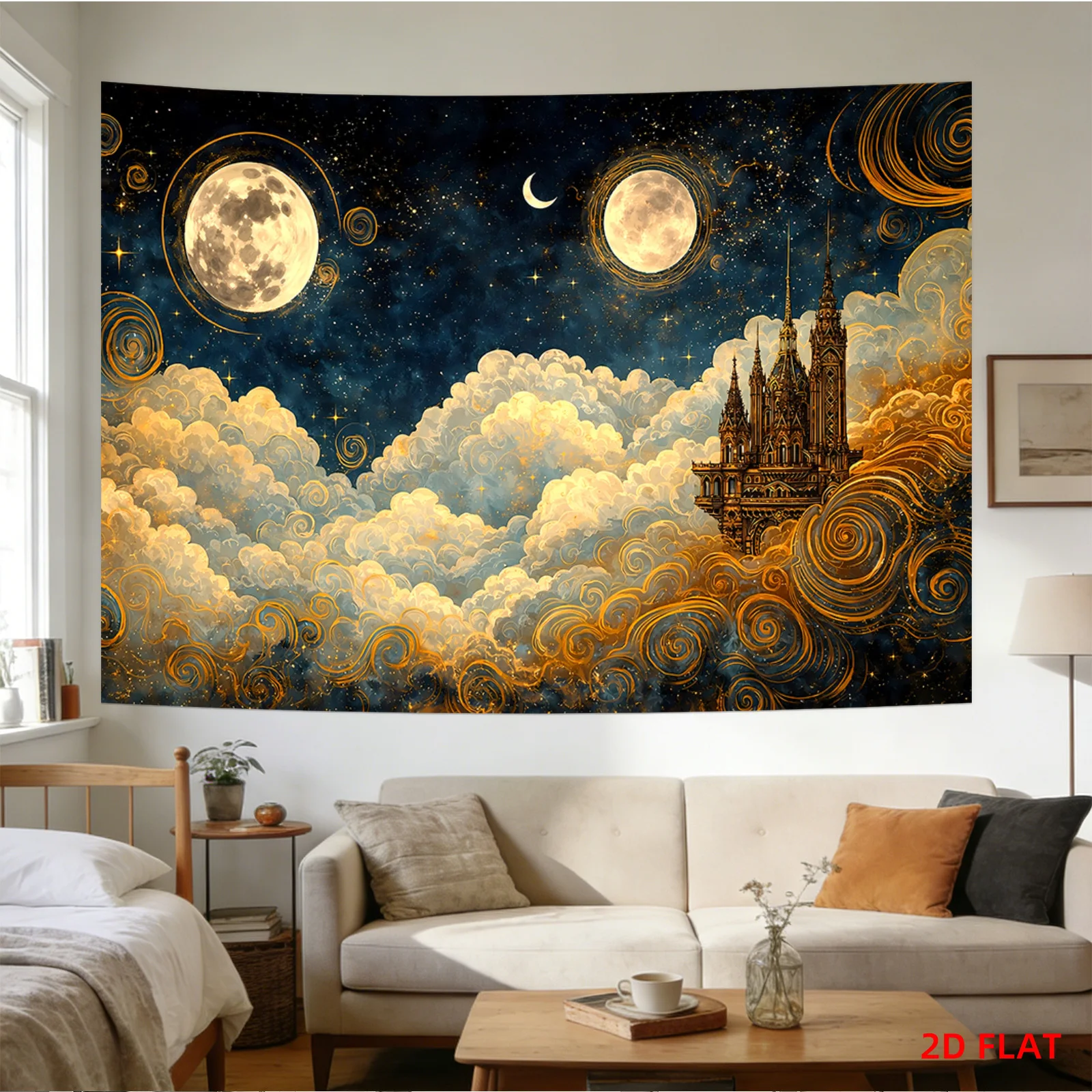 Epic Celestial Cosmic Tapestry Galaxy Moon Stars Castle Mural Wall Art Decor Large Size Bedroom Living Room Accent