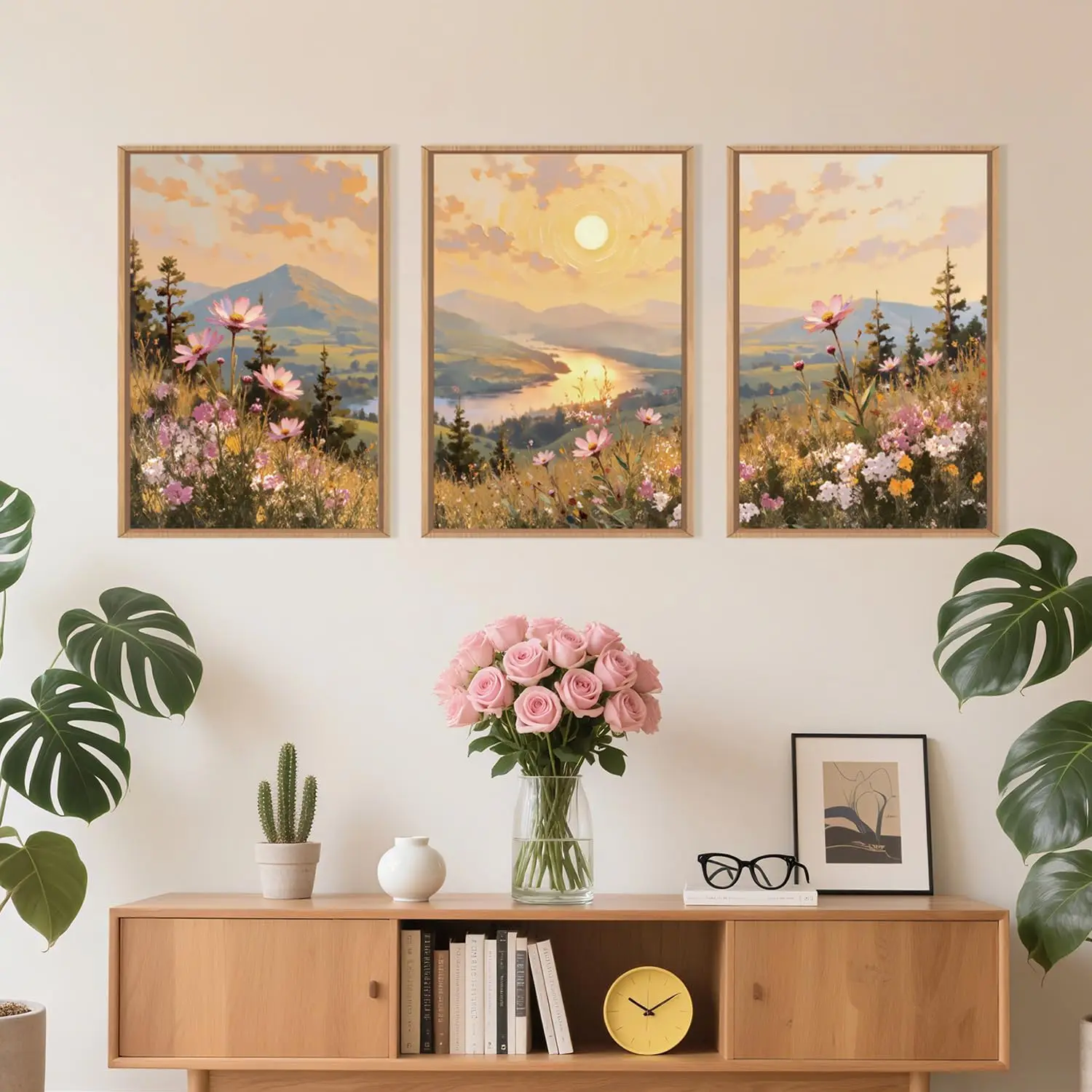

3pcs Bohemian Sunset Wildflower Canvas Picture Wall Art Natural Pink Flowers Nordic Living Room Dining Room Wall Home Decoration