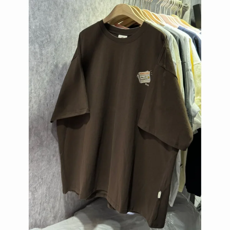 Unisex Oversized Brown Half-Sleeve T-Shirt with Newspaper Patch Casual Loose Cotton Tee