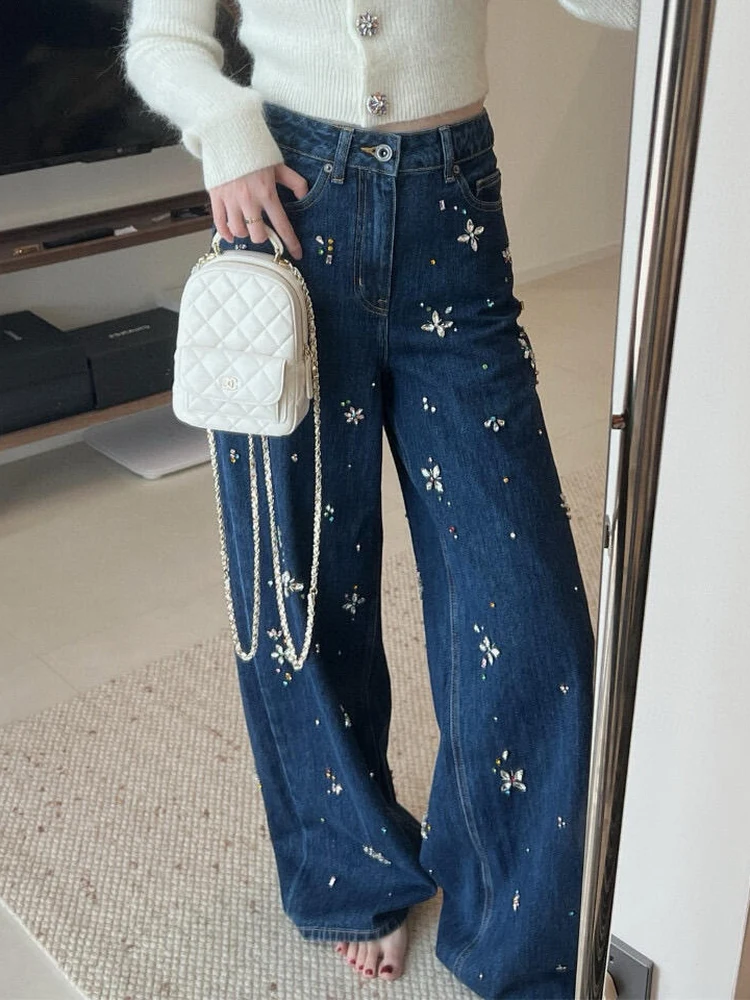High Waist Wide Leg Diamond Embellished Floral Denim Pants Women's Casual Style Cotton Plant Pattern Button Closure