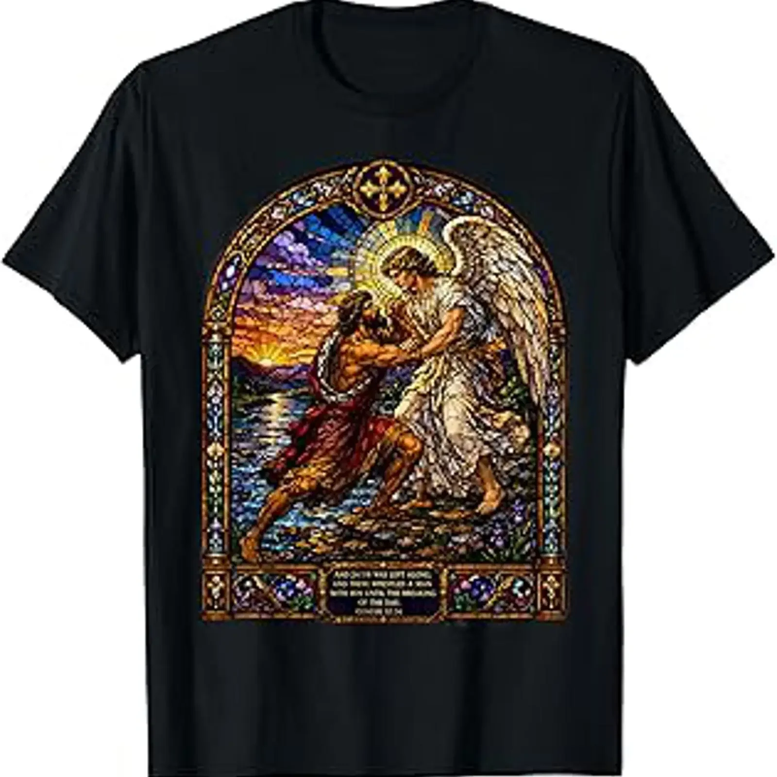 Jacob Wrestling The Angel At Dawn Cathedral Mosaic Artwork T Shirt vintage Washed Unisex Versatile Stylish Soft graphic