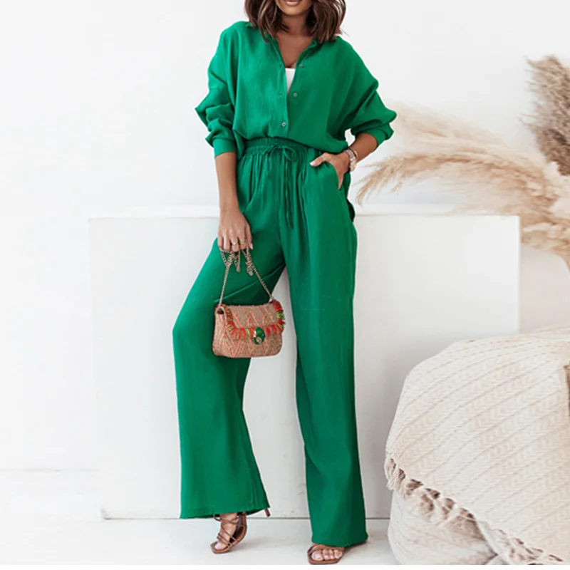 

Autumn Women's Casual Loose Long Sve irt Straight Leg Pants Set Tall Size 2 Piece Set Polyester Fabric Work Outfit