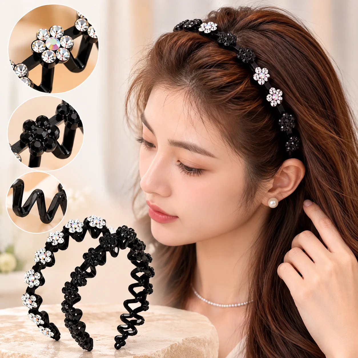 7-Piece Set of Women's Hair Accessories, (2 Hairbands + 5 Hair Clips), Pearl and Rhinestone Hairbands, Retro Light Luxury Style, Fairy-Like Internet Celebrity Hair Accessories, Suitable for Both Banquets and Daily Use