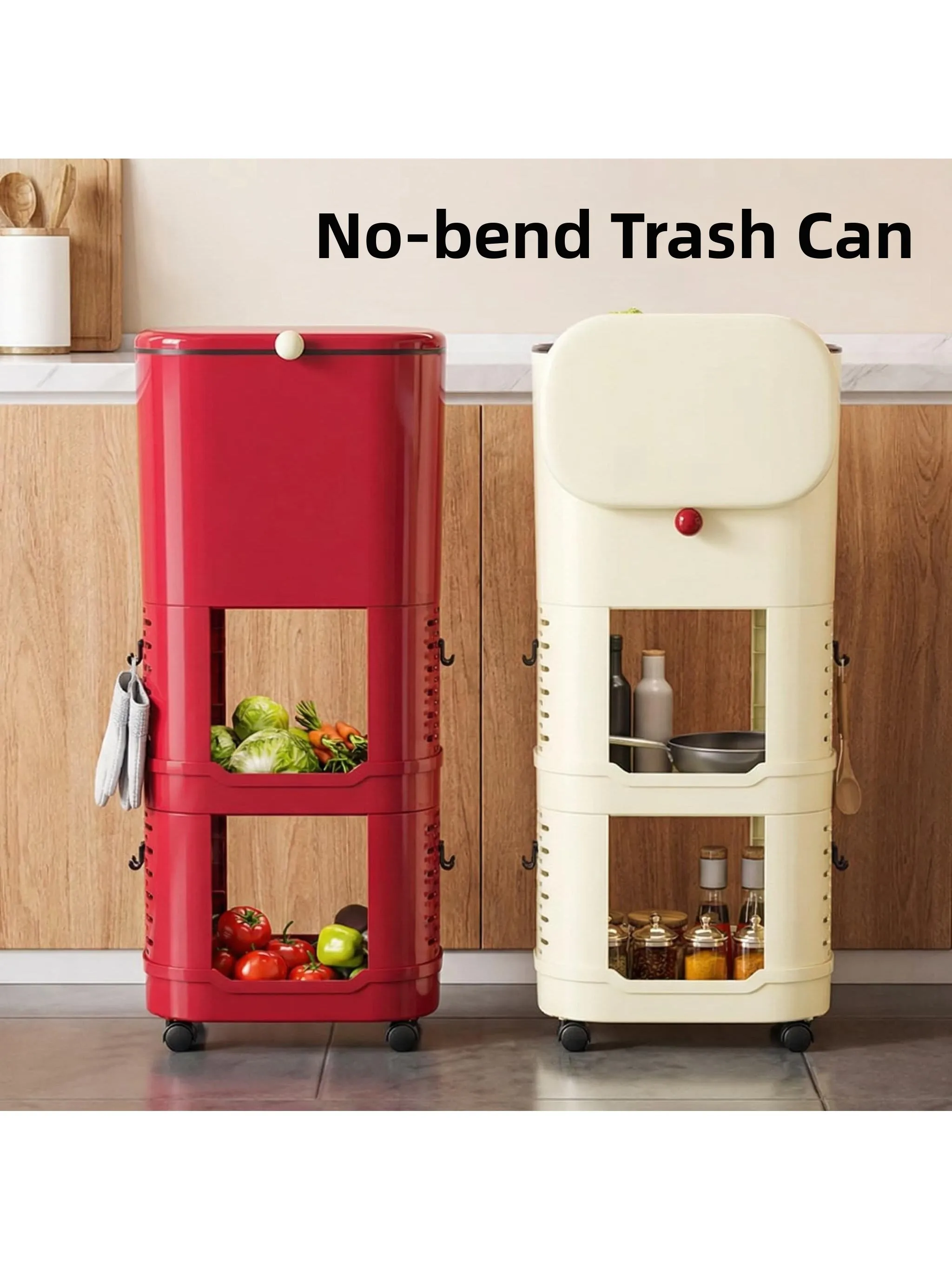 

Kitchen Trash Can Large Capacity Floor Standing Mobile Waste Bin with Lid No Bending Back Household Multi-Function Rack