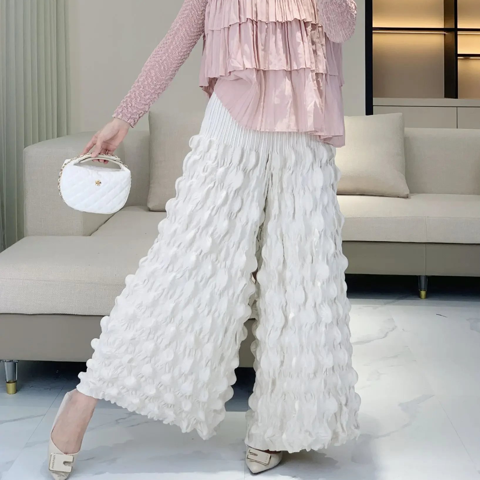 

Pleats Pleated Wide Leg Pants Casual Solid High Waist Thin Pants Female 2024 Fall New Large Size Bubble Wide Leg Pants Women