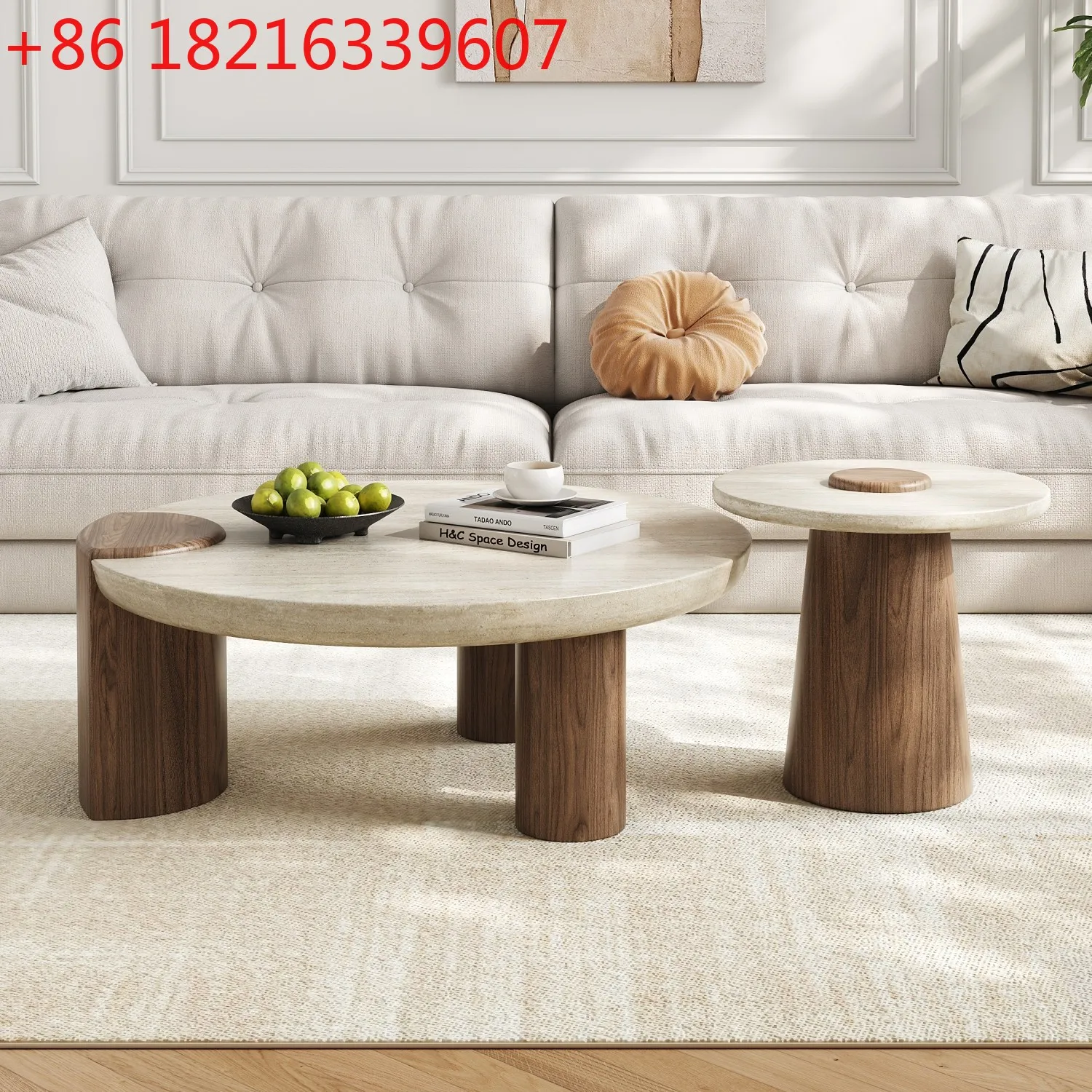 YAO French cream style living room household light luxury high-end sense travertine round coffee table combination simple