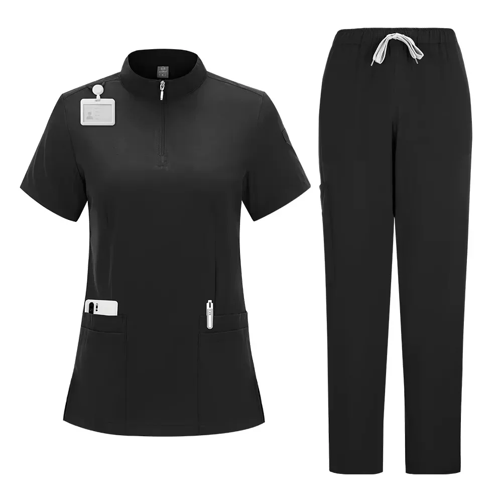 

Summer Casual Stand Collar Zipper Short Sleeve Gown Beauty Nursing Uniform Hospital Nurse Workwear