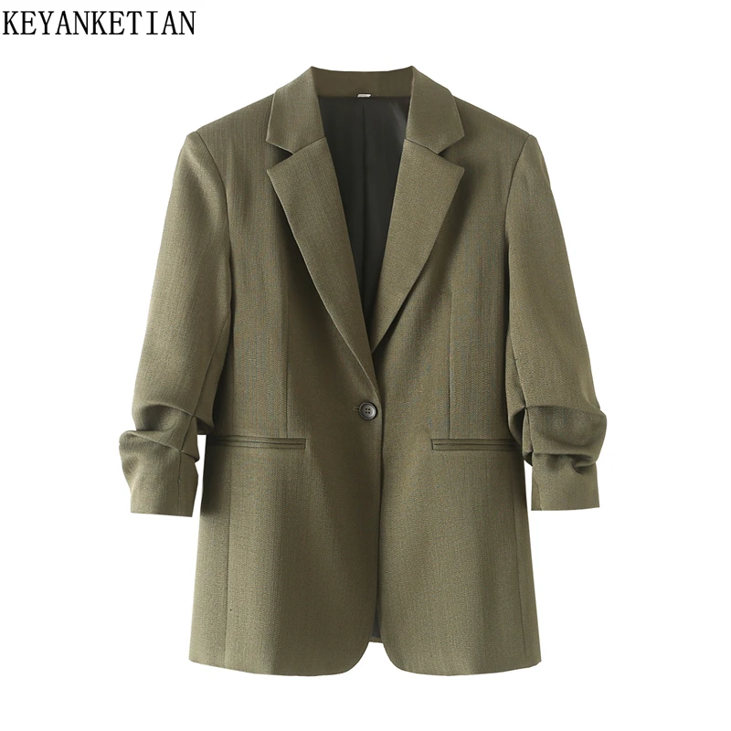 

KEYANKETIAN 2024 New Women's Ruffled Sleeves Design Suit Army green Autumn Simple style One-Button Pockets Slim Outerwear Top