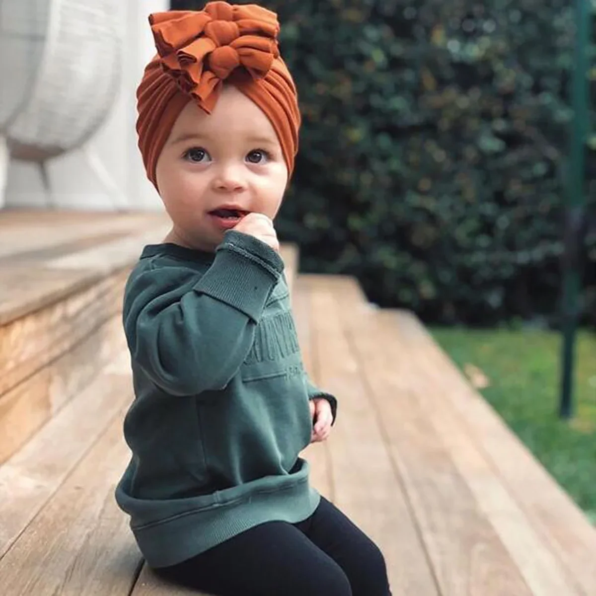 Cute 1PCS Folds Knotted Bow Indian Baby Knitted Hat Newborn Infant Kids Boy Girl Turban Flower Beanie Caps Headwear Photo Props