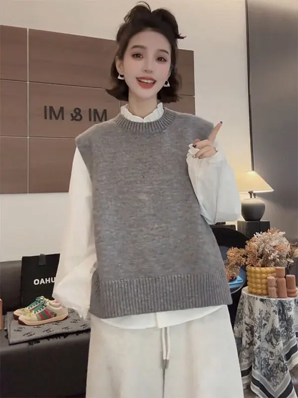 

Комплект из двух предметов: вязаный жилет с воротником-стойкой и свободный вязаный свитер с круглым вырезом, женский, модный, теплый, зимний, коллекция ранняя весна 2026