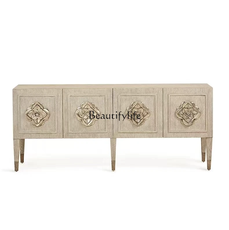 

American retro solid wood entrance entrance cabinet, living room carved decorative side cabinet