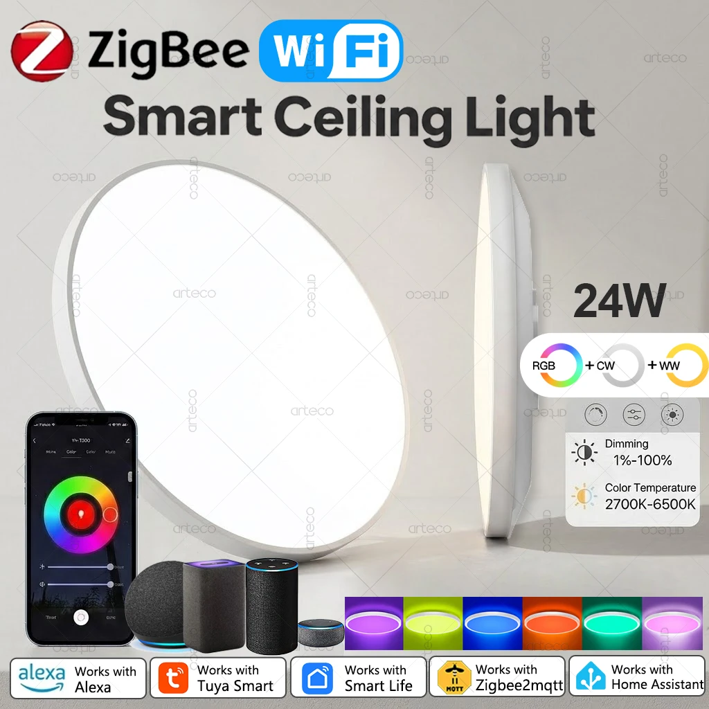 Tuya Smart Ceiling Light RGB+2700-6500K,24W,WiFi Or Zigbee,Smart Life App Control Dimmable Led Ceiling Lamp For Alexa Voice Z2M