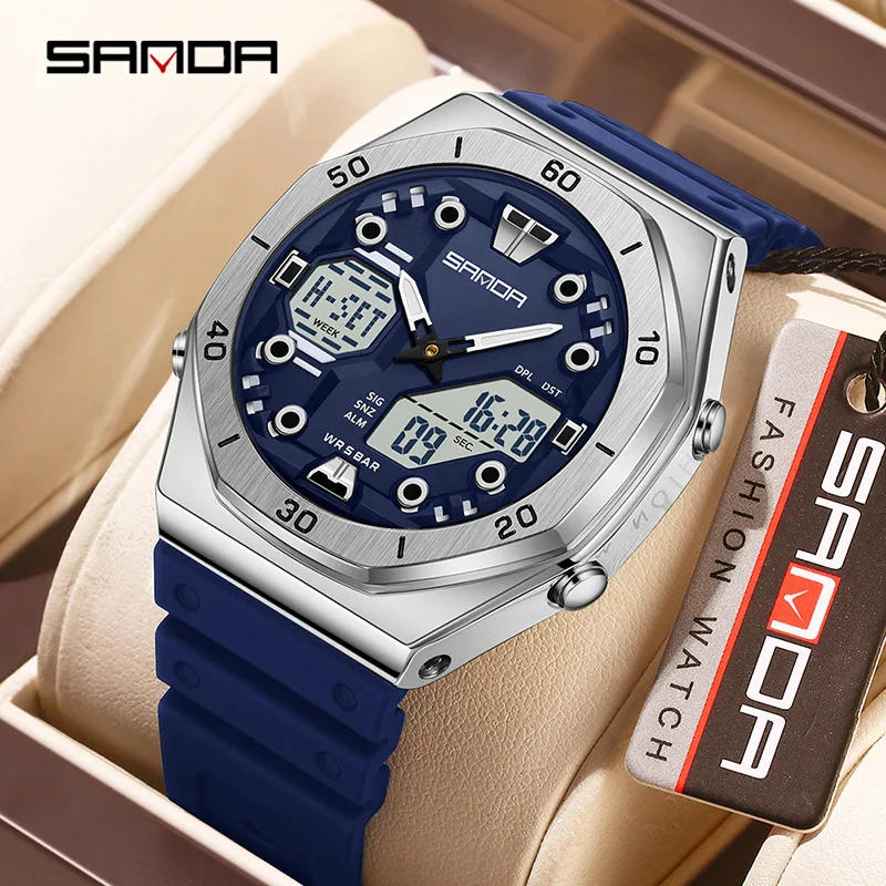 

SANDA6306 New Korean Edition Electronic Watch, Men's Double Movement, Night Light Countdown, 28 Time Zones, 4 Alarm Clock Sets