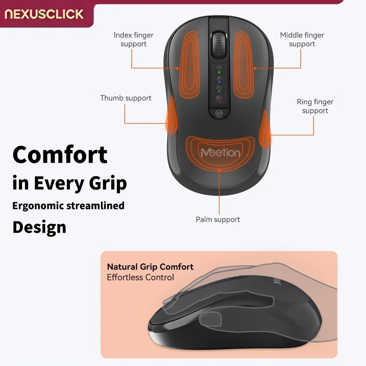 NexusClick Dual Mode 2.4G Bluetooth Wireless Mouse,Mute Click Rechargeable Ergonomic Adjustable DPI Portable Computer Home Mice
