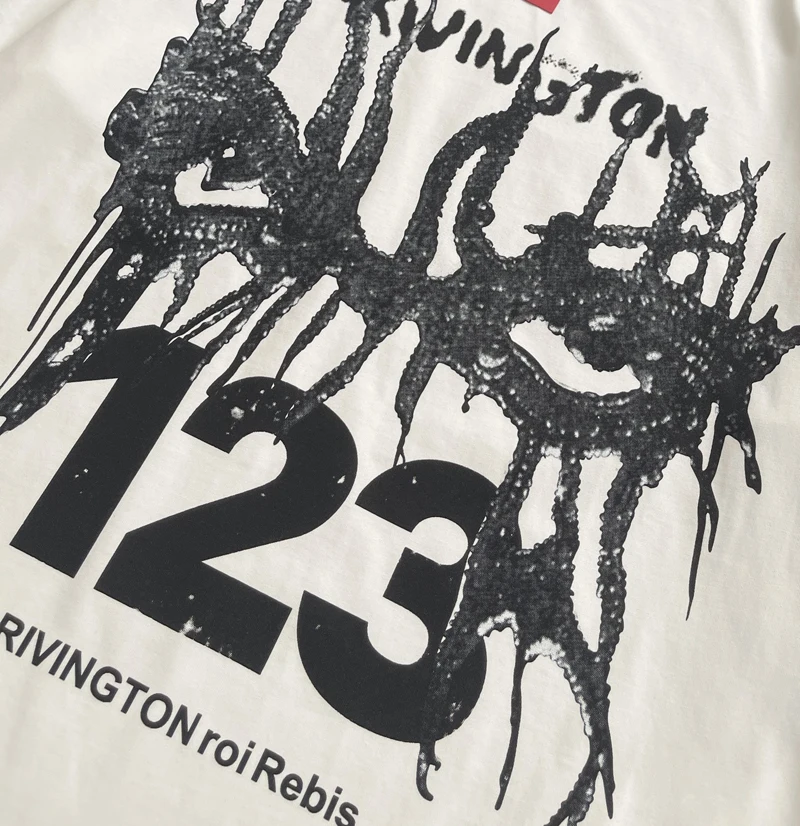 Real Photo White Red RRR123 Tshirts Cross Adhesive Pattern Graffiti Butterfly Mask Hiphop Street Outfit Men Women Short Sleeve