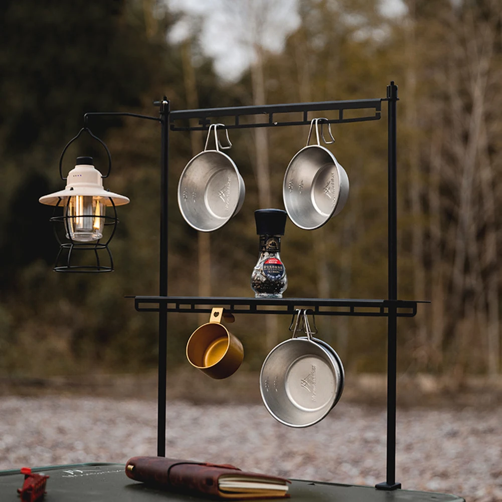 

Storage Rack Portable Camping Stand Outdoor Tools Organizer Detachable with Lantern Hook Cookware Pot Pan Lamp Hanging Rack
