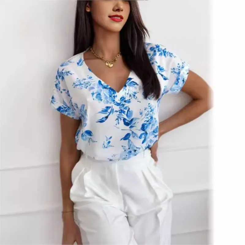 Summer Fashion Froal Printed V-neck Loose Short Sleeved Shirt For Women Casual Pullvoer Office Blouse Top Femme Blusas Camicette