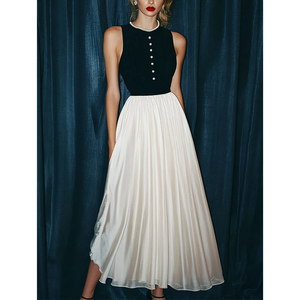 Customized O-neck Ankle Length Sleeveless Buttons Color Contrast Vestidos Para Bodas Mujer Invitada Prom Dresses فساتين سهره