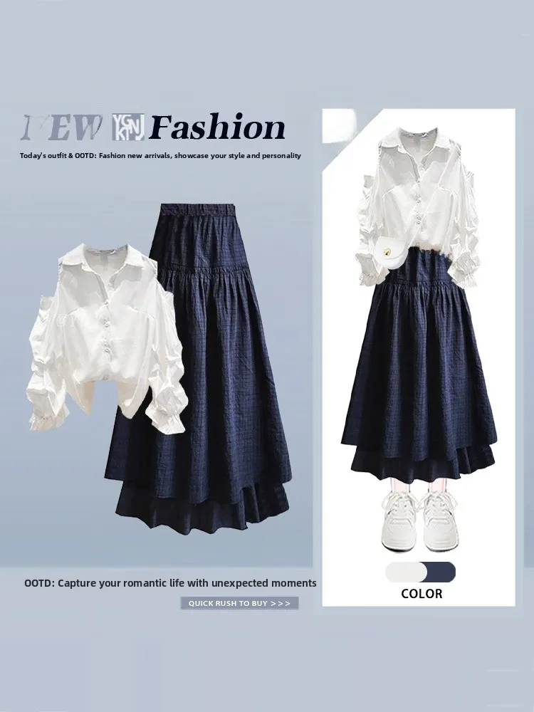 White  Collar Loose Shirt And High Waist Midi Skirt Two-Piece Set Summer Slimming Blue Plaid Split Fashionable Women's En...