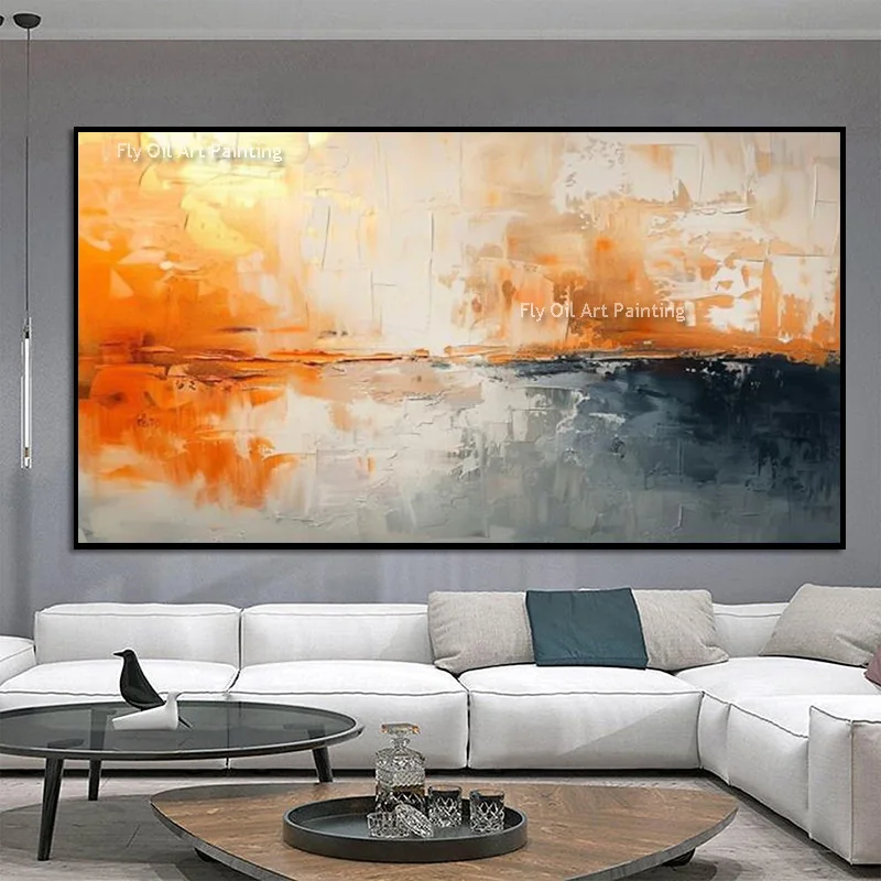 Heavy Texture Hand Painted Abstract Sunset Artwork, Orange Dark Grey Oil Canvas, Modern Large Wall Decor